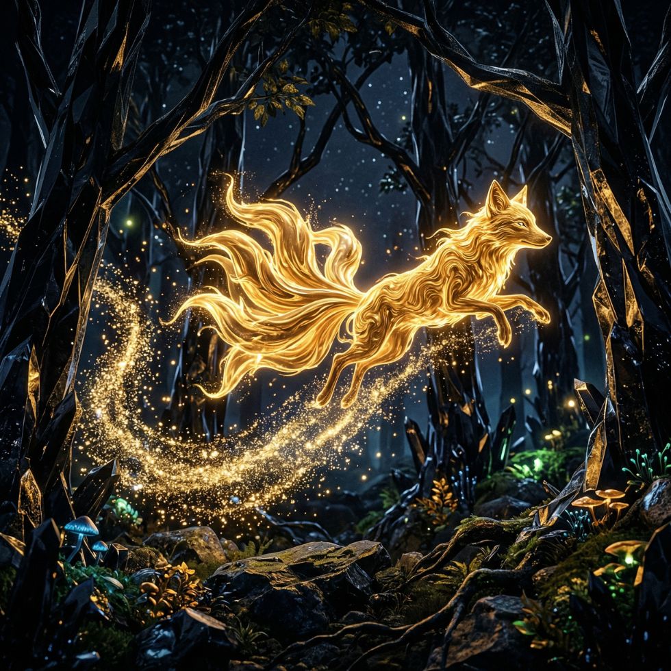 golden glowing kitsune dark forest Cute Kitsune Wallpaper