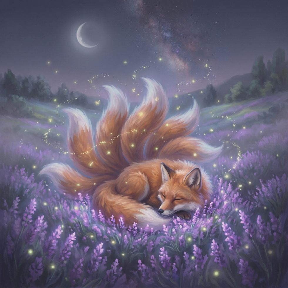 lavender field fireflies Cute Kitsune Wallpaper