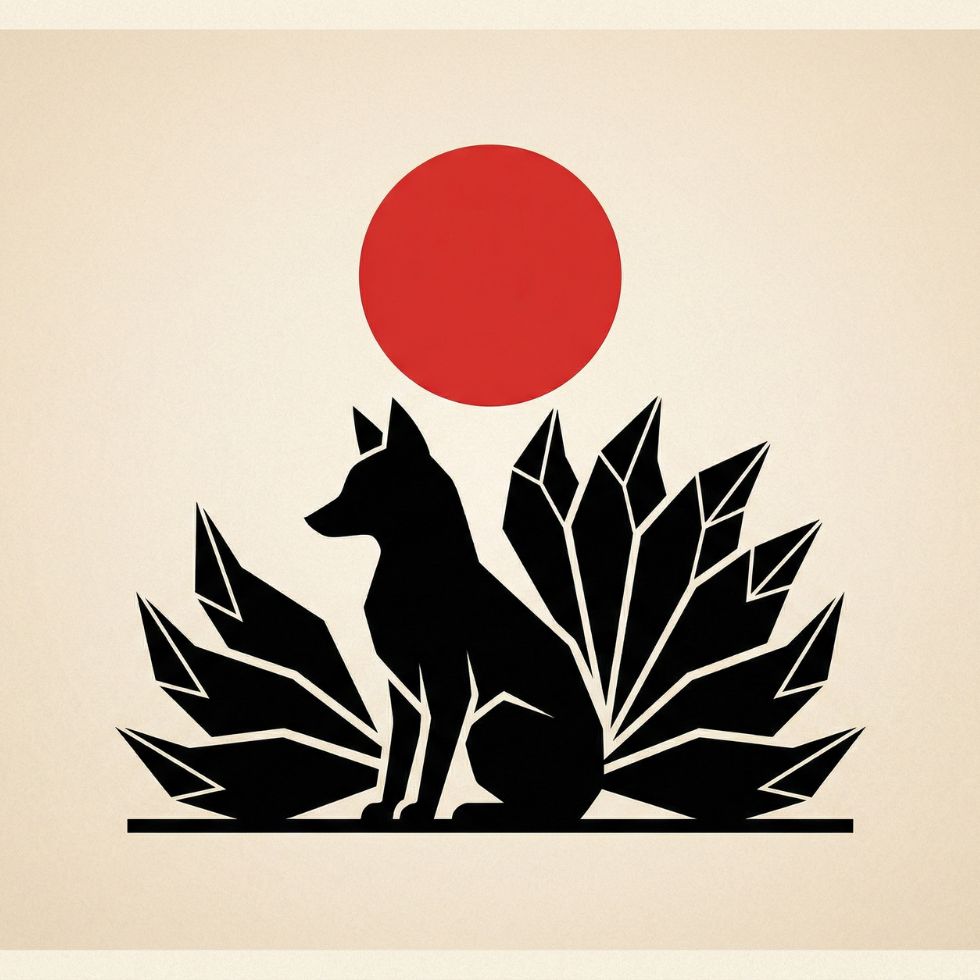 geometric black kitsune red sun Cute Kitsune Wallpaper