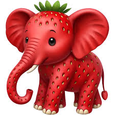 An elephant with a vibrant strawberry leaf perched on its head