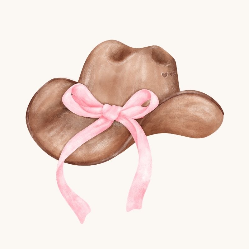 A brown cowboy hat with a pink ribbon illustrated in watercolor