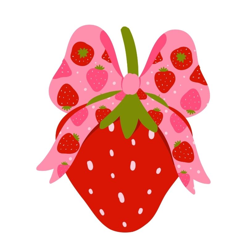 A fresh strawberry adorned with a pink bow