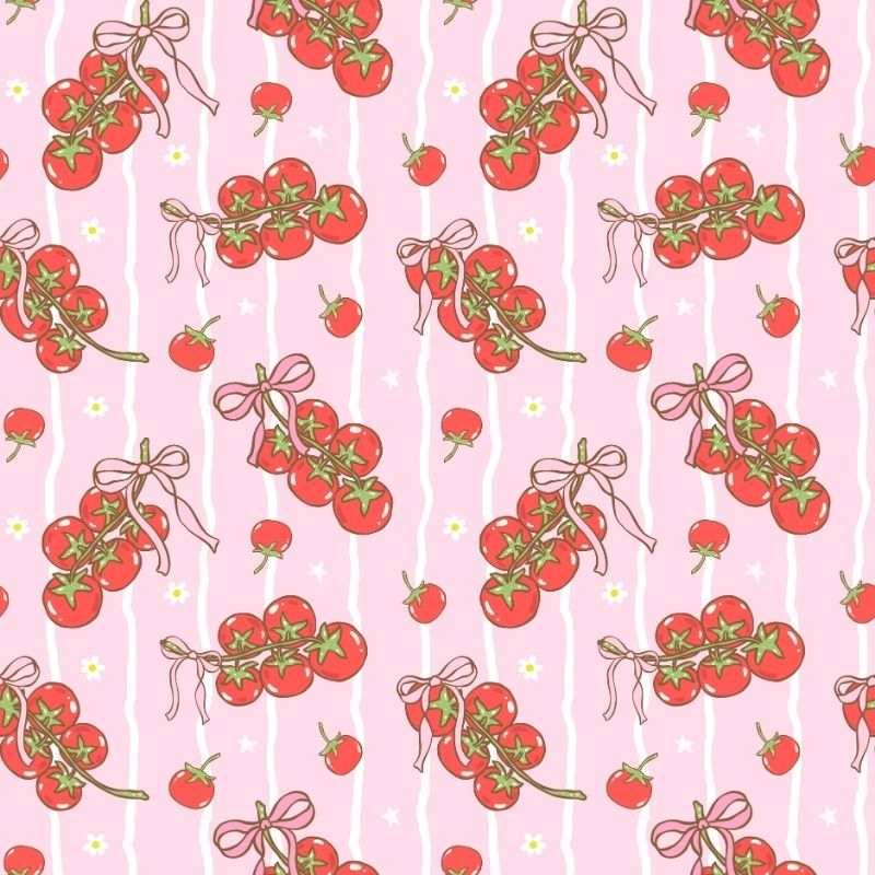 A pink wallpaper pattern featuring coquette-style tomatoes