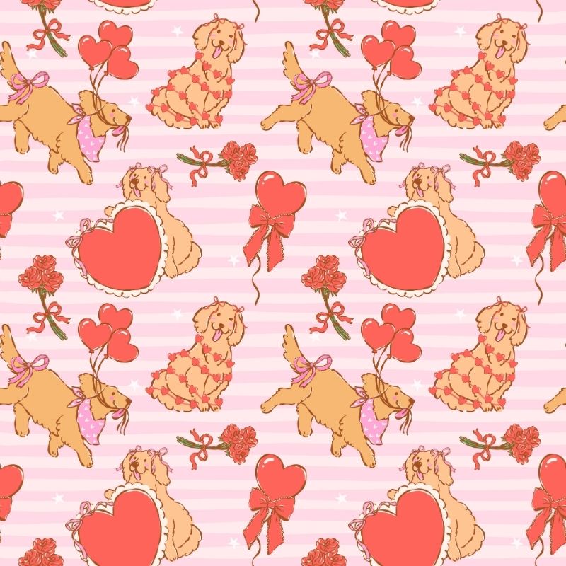 A pink wallpaper pattern featuring playful dogs and hearts