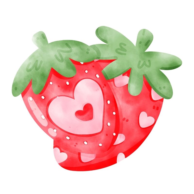 A ripe strawberry decorated with a pink bow