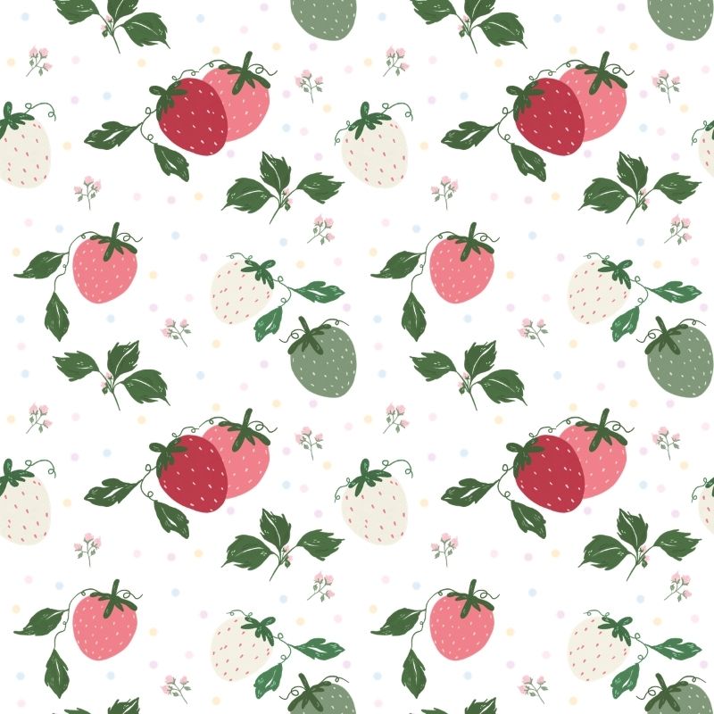 A white background featuring a repeating pattern of vibrant red strawberries