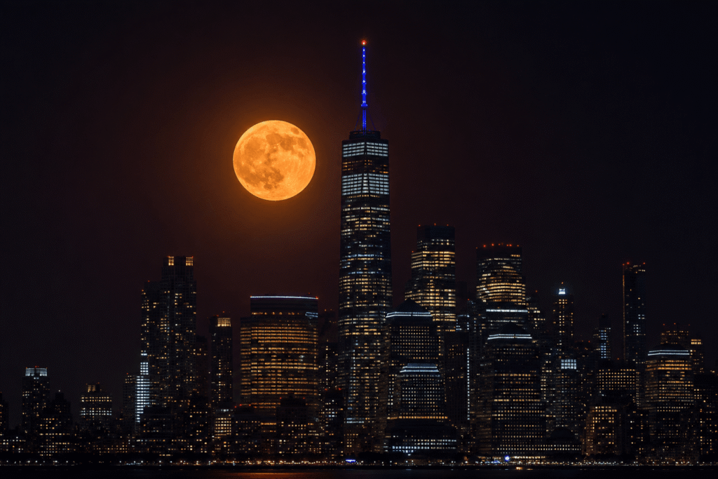 City skyline with glowing moonrise