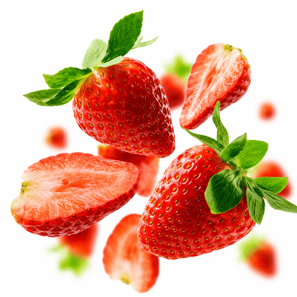 Floating strawberries with vivid green leaves