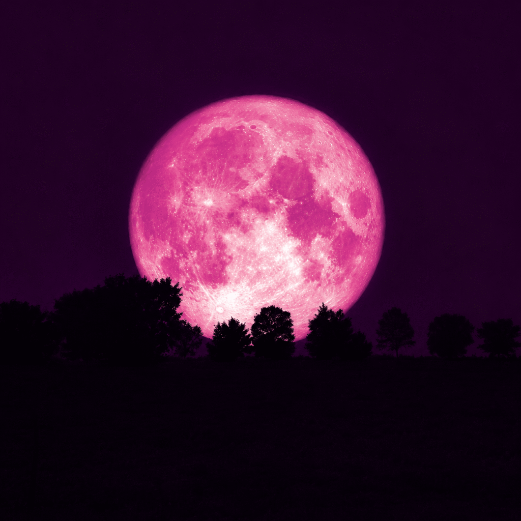 Pink full moon over dark skies