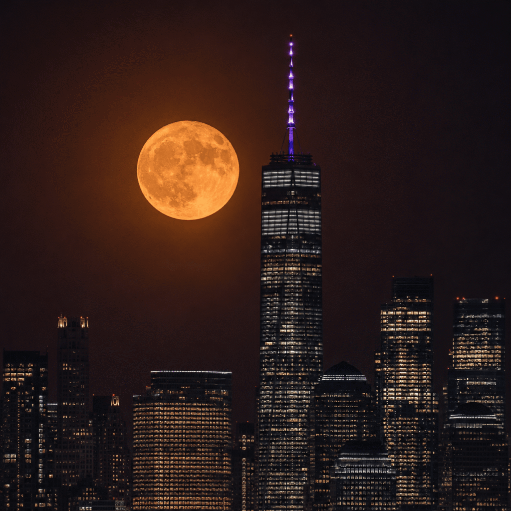 Orange moon over city skyline