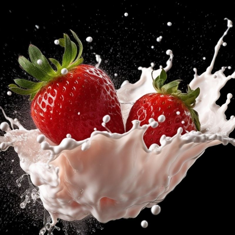 Strawberries splashing into milk against a black background