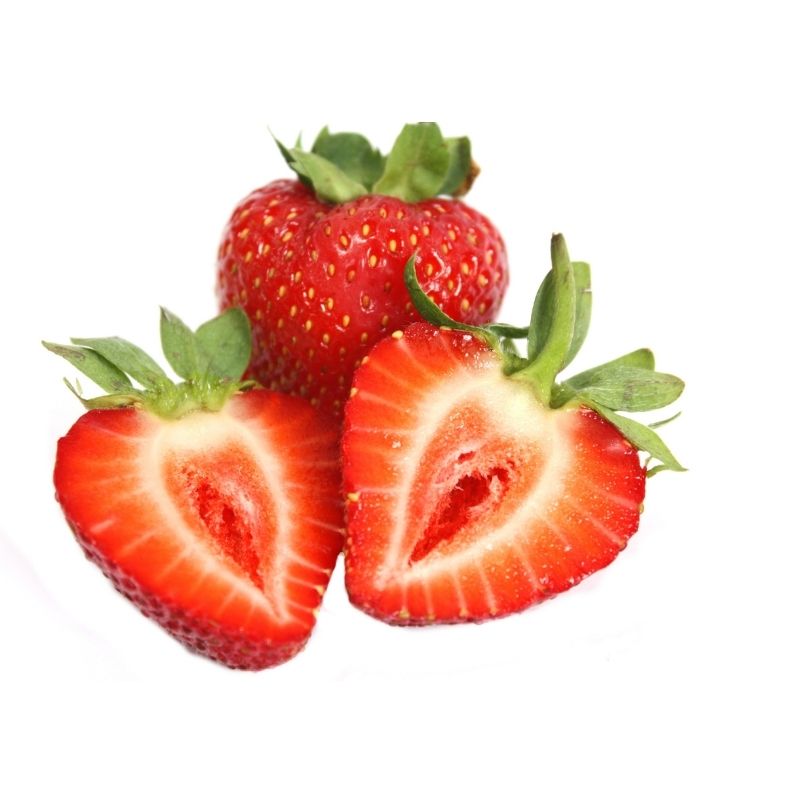 Two halved strawberries on a white background