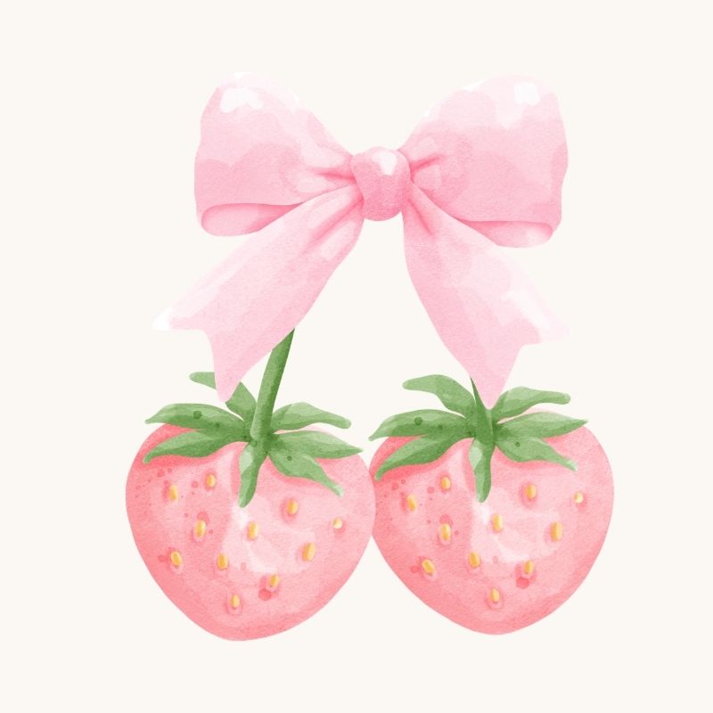Two strawberries adorned with decorative bows
