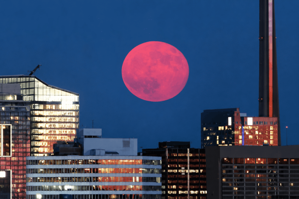 Urban skyline under a blood moon