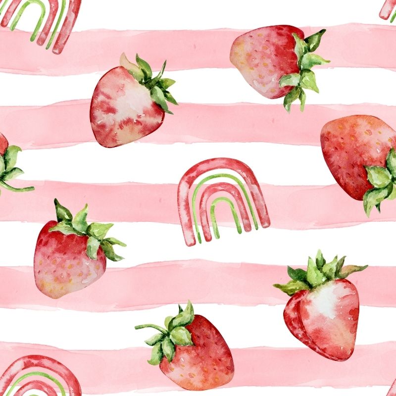 Watercolor strawberries and a rainbow on pink striped wallpaper