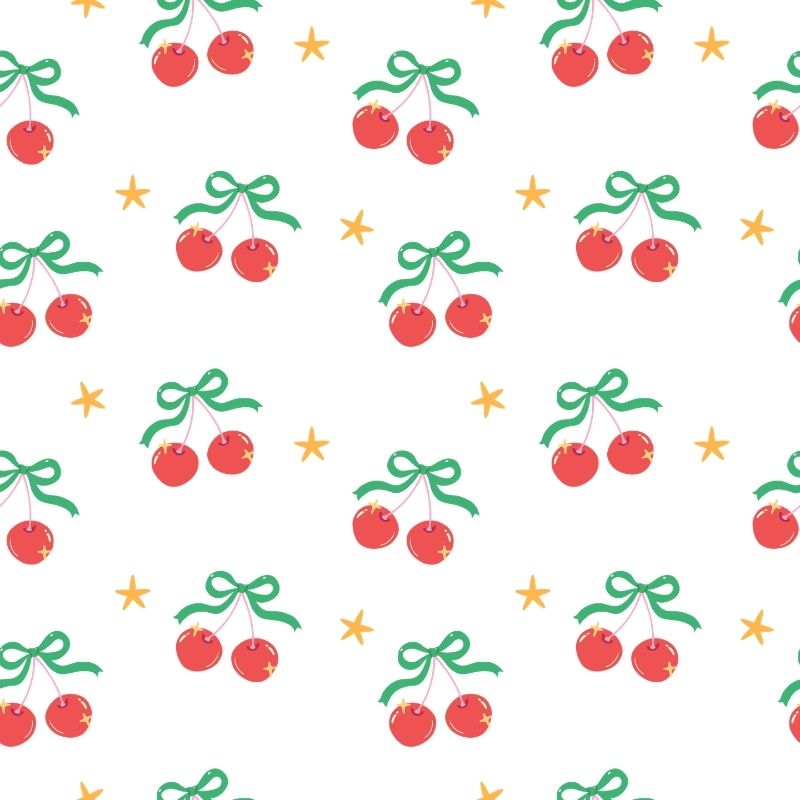 cute coquette aesthetic pattern seamless red cherries with pink ribbon bow isolated on white background